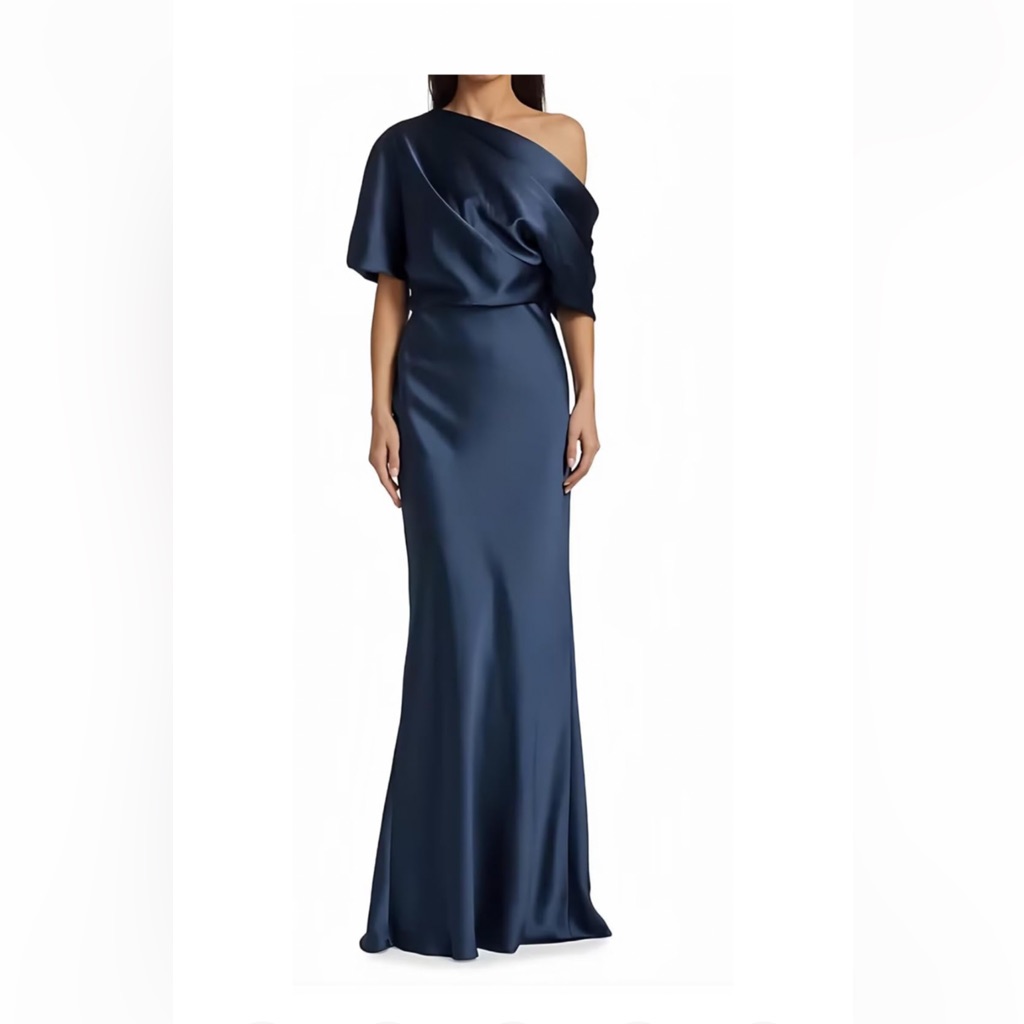Amsale Off The Shoulder Satin Gown, Sz 2,New, Navy